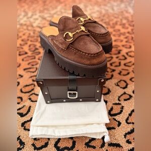 Gucci Sylke Horsebit Platform Mules Washed Brown Suede